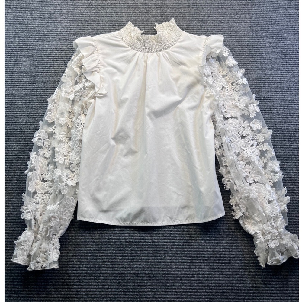 Teen Girls White Mock Neck Ruffle Blouse Floral Lace Sheer Sleeve Size 14Y